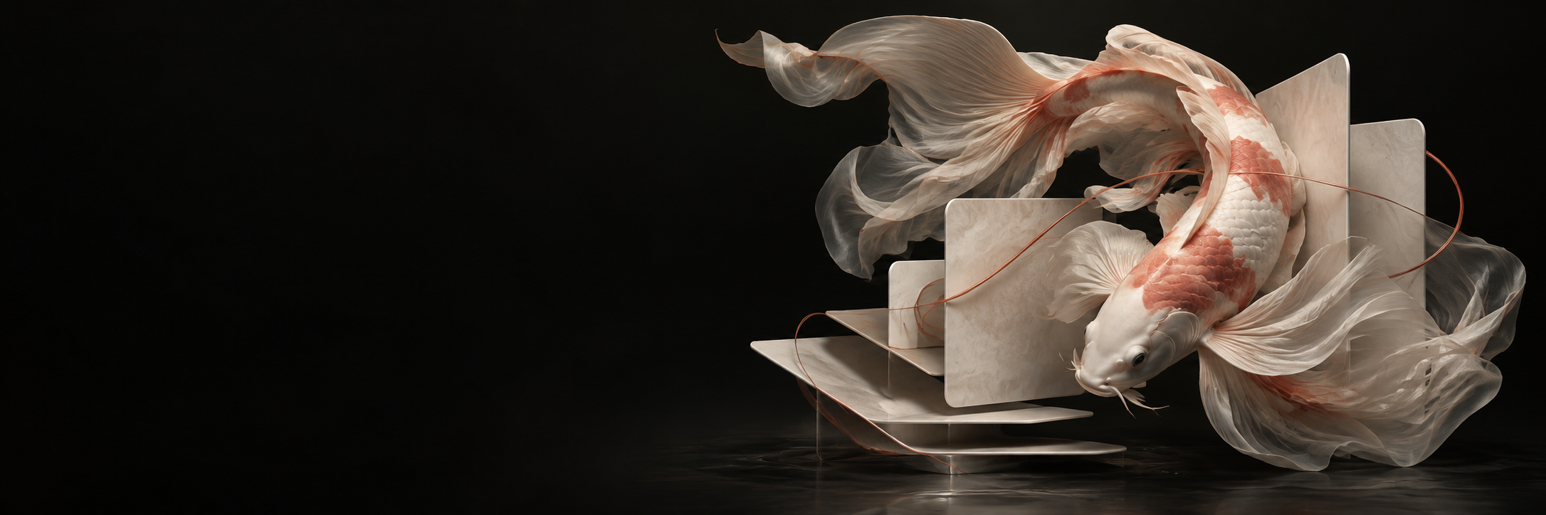 Generated KOI brand artwork: an ivory and coral koi flowing around layered ceramic panels on graphite; not an application screenshot
