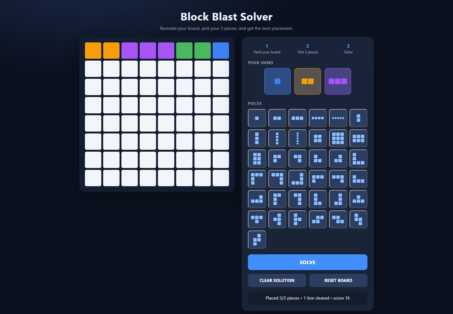 Block-Blast-Solver: Browser piece-placement search