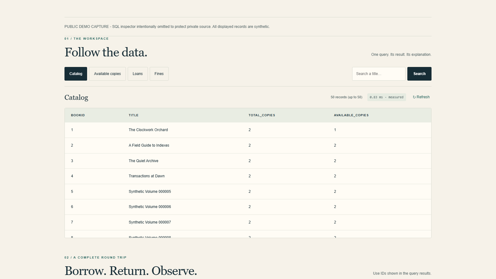Actual SQL library catalog displaying fictional books; query inspector intentionally omitted