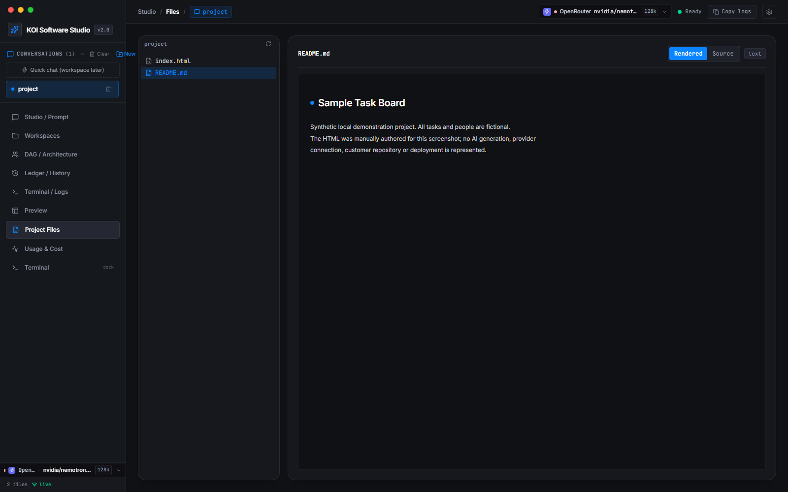 KOI Project Files displaying a fictional project README