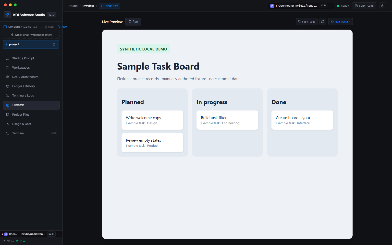 KOI: Local software workspace, diagnostics, patches, checkpoints and previews
