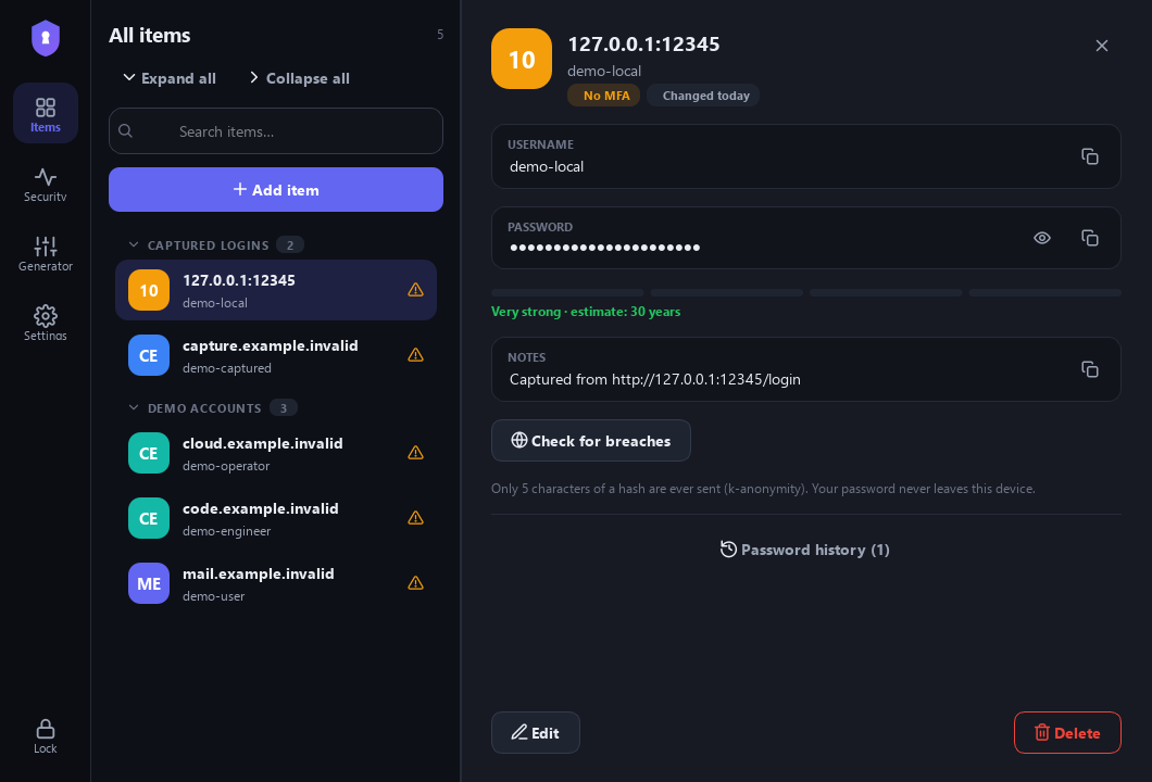 NoMorePwn: Desktop vault/history/generator and native browser capture